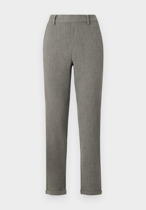 Grey tailored trousers with a textured finish, slim fit, featuring a rolled hem and classic waistband. No visible pockets.