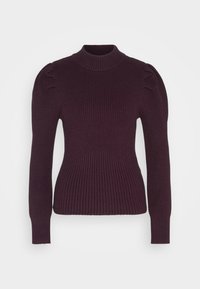 Vínový žebrovaný svetr s vysokým límcem, přiléhavým živůtkem a lehce nafouklými rukávy. Strukturální vzor podél rukávů a těla.