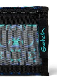 Black zippered wallet with mesh panel displaying a blue and teal abstract pattern; features a branded tag in teal on the side.