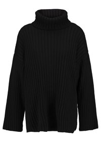 Pull à col roulé noir à côtes avec des manches larges, présentant une texture confortable et une coupe décontractée. Matériau doux avec des lignes verticales prononcées.