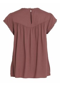 Blusa corta a maniche, di colore bordeaux, in tessuto morbido, design arricciato, apertura a chiave sul retro con chiusura a bottone e bordo ondulato lungo le maniche.