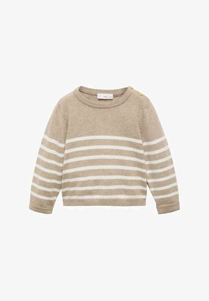 Bež pletena jopica z belimi vodoravnimi črtami, okroglim ovratnikom, dolgimi rokavi in dvema dekorativnima gumboma na levem rami.