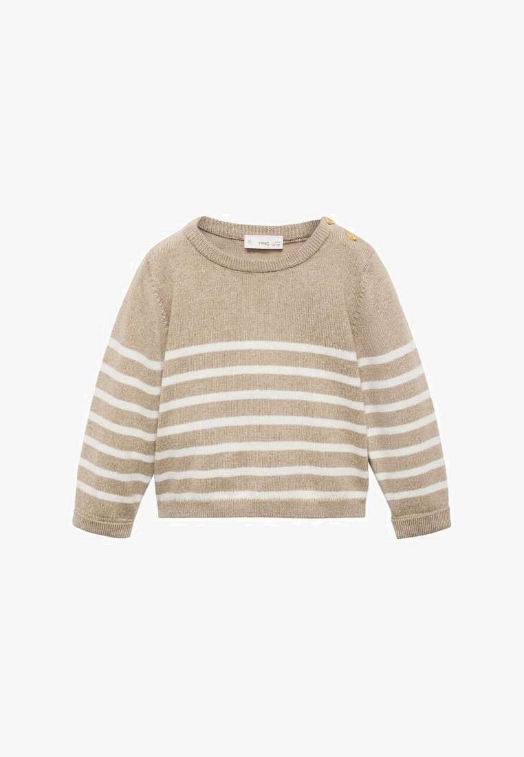 Bež pletena jopica z belimi vodoravnimi črtami, okroglim ovratnikom, dolgimi rokavi in dvema dekorativnima gumboma na levem rami.