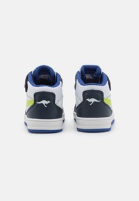 High-top sneakers with navy and white mesh upper, lime green accent, blue collar, and rubber soles. Features a kangaroo logo on the heel.