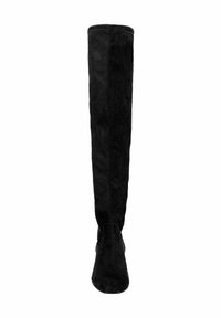 Zwarte boven-de-knie laars gemaakt van zachte, textuur suède met een getailleerd silhouet, ronde neus en geen zichtbare hardware of accenten.
