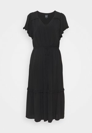 Czarna midi sukienka z krótkim rękawem, dekoltem w serek, elastyczną talią z wiązaniem, falbankami na rękawach i dolnej krawędzi, lekka, zwiewna tkanina.