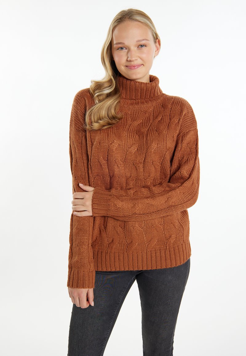 Kabelstrick-Turtleneck-Pullover in Rostfarbe. Weiche Textur mit gerippten Bündchen und Saum, entspannte Passform und voluminöse Form.