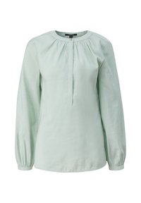 Blouse vert clair à manches longues avec col rond, fermeture par boutons au niveau du cou et détails de tissu froncé à l'avant et sur les manches.