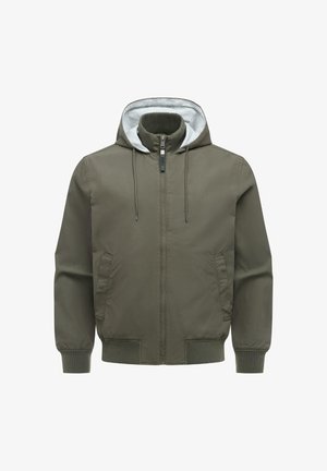 Olivengrøn hættejakke med lynlås foran, ribstrikkede manchetter og kant, snøre i hætten og to sidelommer.