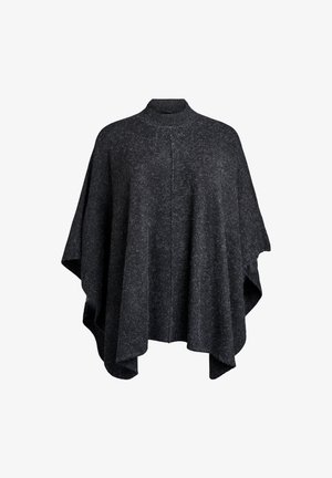Dark grey poncho made of soft knit fabric. High collar, loose fit, asymmetrical hem, and no fastenings. Textured with a subtle pattern.