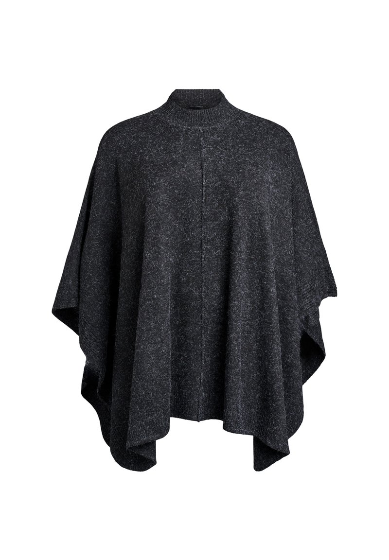 Mørkegrå poncho lavet af blødt strikket stof. Høj krave, løst snit, asymmetrisk kant, og ingen lukninger. Tekstureret med et subtilt mønster.