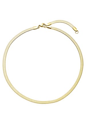 Collier chaîne fine en or avec un motif en chevrons et un fermoir mousqueton, présenté entièrement déployé sur fond blanc.