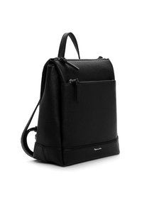 Czarny skórzany plecak o zwartej konstrukcji, z fakturowanym wykończeniem, przednią kieszenią na zamek błyskawiczny oraz regulowanymi paskami na ramiona.