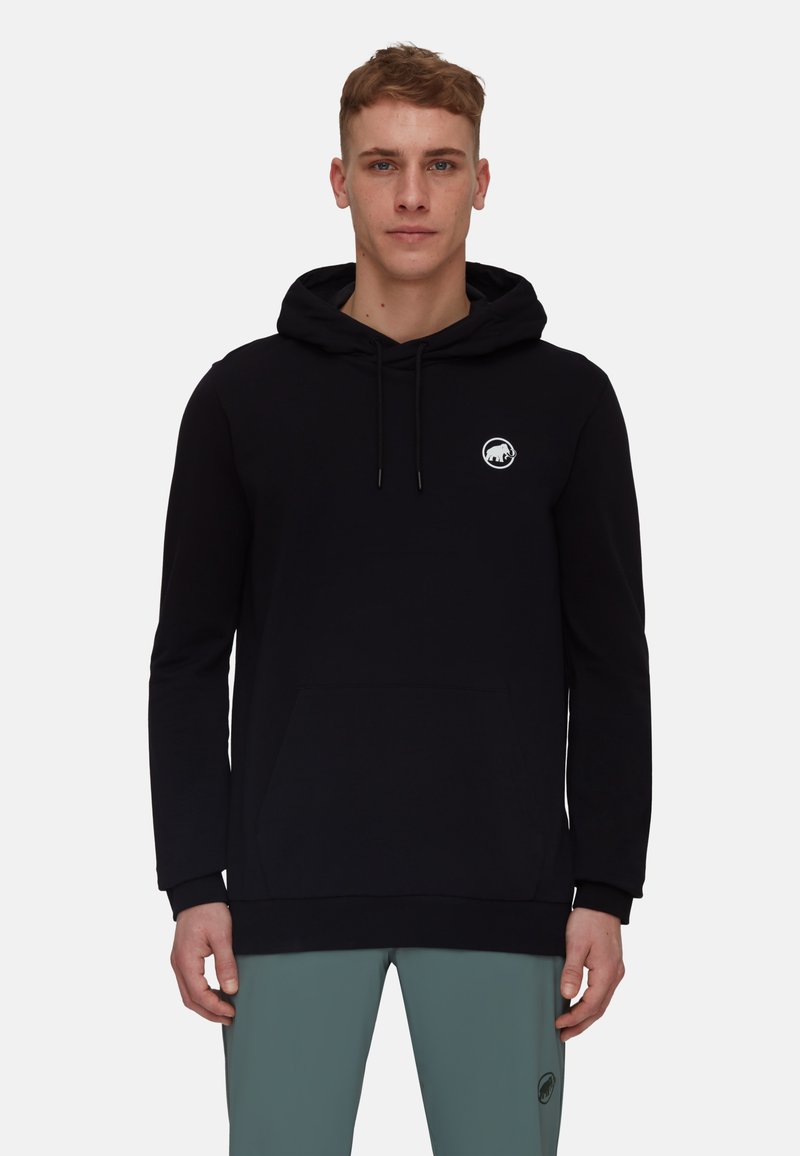 Hoodie noir en tissu doux, avec une poche kangourou et un logo rond sur la poitrine. Équipé d'une capuche à cordon de serrage et de poignets côtelés.