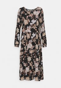 Schwarz floral Kleid mit langen Ärmeln, einem runden Ausschnitt und einem gestuften Design mit weißen und beigen Blumenmustern. Weiche Stofftextur.