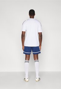 Weißes Trikot mit schwarzen Akzenten, blaue Shorts mit weißen Streifen, weiße Socken mit schwarzen Streifen und gelbe Stollenschuhe. Rückansicht.