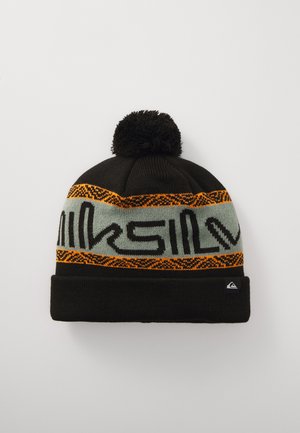 Black knit beanie with a patterned orange and teal band. Features a pom-pom on top and a small logo tag on the side.