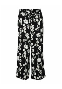 Zwarte wijde broek met een bloemenprint van witte bloemen, gemaakt van lichtgewicht stof. Inclusief een strikband detail bij de taille.