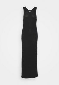 Robe maxi sans manches noire avec une coupe ajustée, texture côtelée et encolure ronde, présentant une silhouette lisse et homogène.
