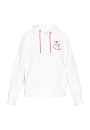 Witte hoodie met een trekkoord, roze accenten, geborduurd aardbeienontwerp op de voorkant, en geribbelde manchetten en zoom. Zachte stofstructuur.