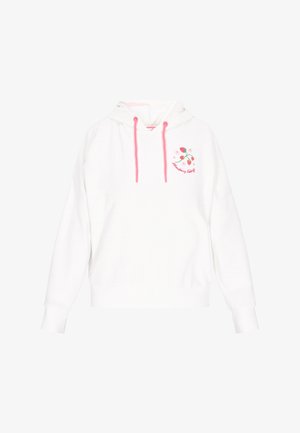 Weißer Kapuzenpullover mit Kordelzug, rosa Akzenten, einer gestickten Erdbeergestaltung auf der Vorderseite sowie Rippbündchen und -saum. Weiche Stofftextur.