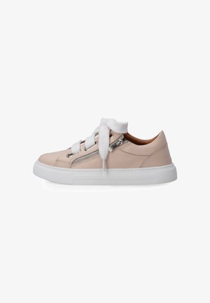 Light pink leather sneakers with white laces, metal zipper detail on the side, and white rubber sole, featuring a smooth texture.