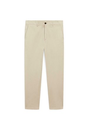 Men's beige slim-fit trousers with belt loops, button closure, and side pockets, displayed on a white background.