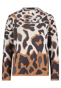 Knit sweater featuring a beige base with a brown and black leopard print pattern, round neckline, and long sleeves. Texture appears soft.