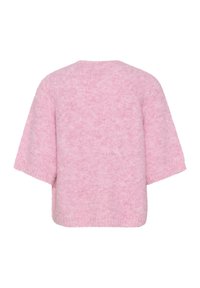 Maglione a maglia morbida di colore rosa chiaro, con maniche corte e vestibilità rilassata. Presenta un collo rotondo e una finitura texturizzata.