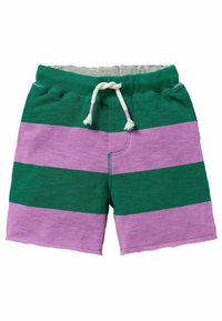 Zelené a levandulové pruhované kraťasy, vyrobené z měkkého materiálu, s elastickým pasem a šňůrkou a malou přední kapsou.