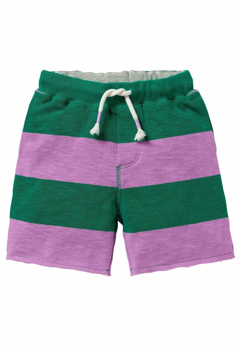 Zelené a levandulové pruhované kraťasy, vyrobené z měkkého materiálu, s elastickým pasem a šňůrkou a malou přední kapsou.