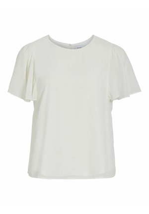 Blouse blanche à manches courtes avec un col rond, des manches plissées et une coupe légèrement ample. Texture lisse sans motifs visibles.