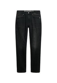Czarne jeansy z denimu o prostym kroju, z pięcioma kieszeniami i lekko spranym wykończeniem. W pasie widoczne logo marki.