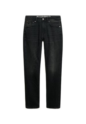Czarne jeansy z denimu o prostym kroju, z pięcioma kieszeniami i lekko spranym wykończeniem. W pasie widoczne logo marki.