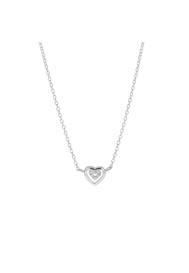 Zilveren hartvormige hanger ketting met een dubbel-hart ontwerp; bevat een centrale heldere edelsteen, op een delicate ketting met ronde schakel.