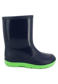 Bottine imperméable bleu marine avec une finition brillante, semelle verte, embout arrondi et texture lisse ; hauteur mi-mollet sans matériel visible.
