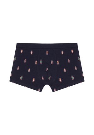 Boxer cortos de color azul marino con pequeños patrones de ositos de peluche que llevan sombreros y bufandas distribuidos de manera uniforme por la tela.