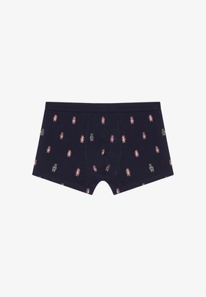 Marineblaue Boxershorts mit kleinen Teddybaumuster, die Hüte und Schals tragen, gleichmäßig über den Stoff verteilt.