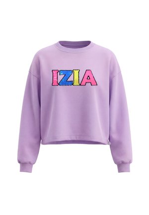 Lilla cropped sweatshirt med lange ærmer med farverige palietbogstaver, der staver IZIA foran, og ribbet manchetter og halsudskæring.