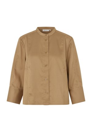 Braunes Hemd mit Knopfleiste, Stehkragen und Dreiviertelärmeln. Hergestellt aus einem glatten Stoff mit strukturierter Passform und subtilem Glanz.