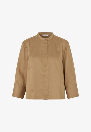 Braunes Hemd mit Knopfleiste, Stehkragen und Dreiviertelärmeln. Hergestellt aus einem glatten Stoff mit strukturierter Passform und subtilem Glanz.
