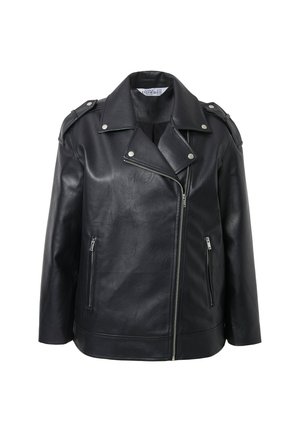 Black leather biker jacket with a notched collar, silver hardware accents, front zippers, and shoulder epaulets.