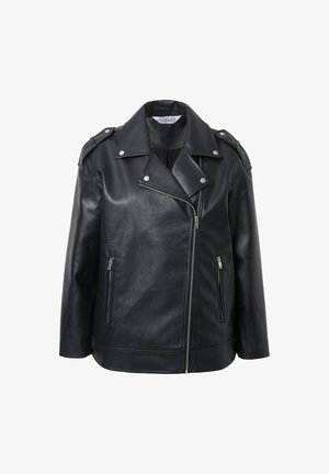 Black leather biker jacket with a notched collar, silver hardware accents, front zippers, and shoulder epaulets.