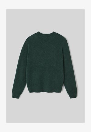Pull en laine vert foncé avec un col rond et des manches longues. Texture douce et poignets côtelés à l'ourlet et aux extrémités des manches.