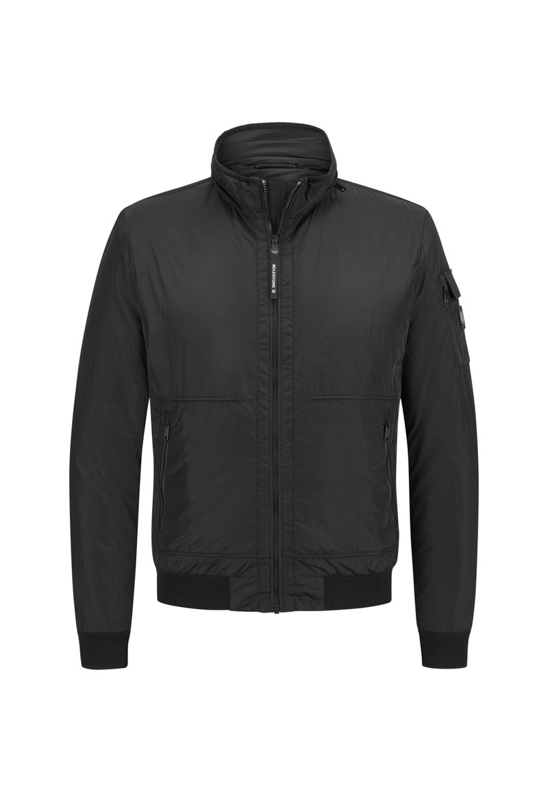 Schwarze, leichte Jacke mit hohem Kragen, Frontreißverschluss, zwei Seitentaschen und einer Reißverschlusstasche am Ärmel. Glatte Textur und elastische Bündchen.