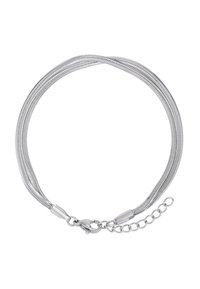 Silberne Kettenarmband mit mehreren geflochtenen Strängen, glatter Textur und einem Karabinerverschluss mit Verlängerungskette für anpassbare Länge.