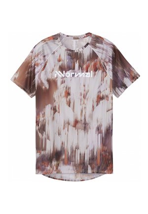 Short-sleeve athletic shirt with abstract brown, white, and purple pattern and white "Norwnzl" logo on the chest.