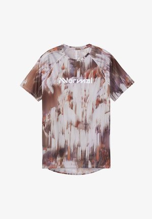 Kurzärmeliges Sportshirt mit abstraktem braunem, weißem und violettem Muster und weißem "Norwnzl"-Logo auf der Brust.