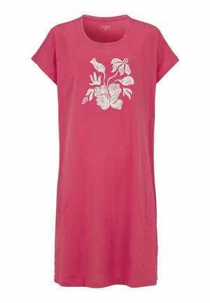 Vaaleanpunainen lyhythihainen mekko, jossa pyöreä pääntie ja valkoinen kukkakuviointi rinnan keskellä.