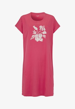 Pink kortærmet kjole med rund halsudskæring og hvidt blomsterprint centralt placeret på brystet.